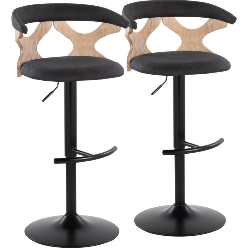 Gardenia Adjustable Swivel Bar Stool in White Washed Wood, Black Metal & Charcoal Fabric (Set of 2)